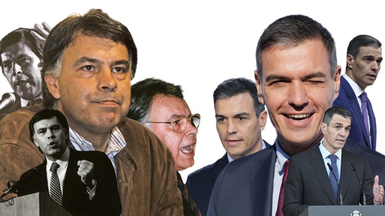 Diverses imatges temporals de Felipe González i Pedro Sánchez durant els seus anys en el Govern espanyol.. Fotomuntatge de Toni Payà