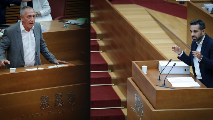 Joan Baldoví, a l’esquerra, i José Muñoz, a la dreta, en el debat de política general celebrat aquest dilluns a Les Corts.. Corts Valencianes — José Cuéllar