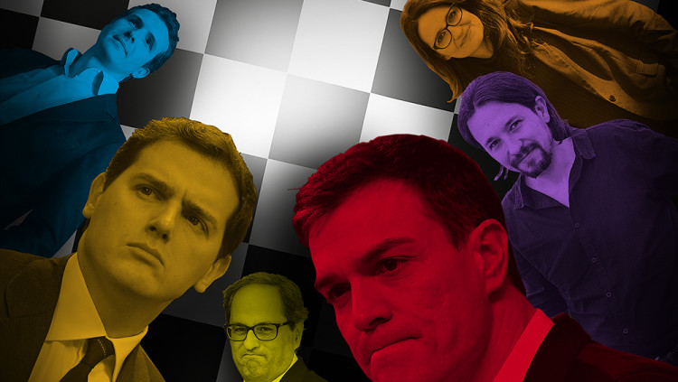D'esquerra a dreta, Pablo Casado, Albert Rivera, Quim Torra, Pedro Sánchez, Pablo Iglesias i Mónica Oltra.. MUNTATGE: Toni Payà
