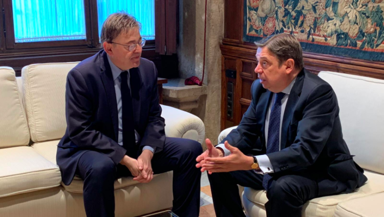 Ximo Puig, president de la Generalitat, i Luis Planas, ministre d'Agricultura, ahir a València. Generalitat Valenciana