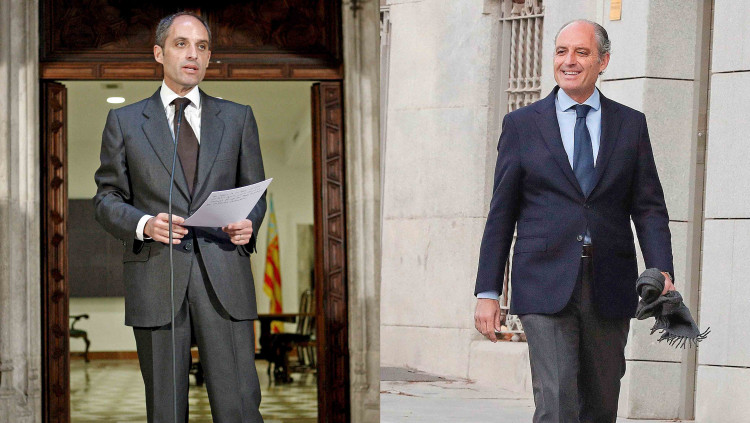 Francisco Camps en febrer de 2009, quan va ser imputat per primera vegada, i en febrer de 2019, quan ha declarat a l'Audiència.. EFE
