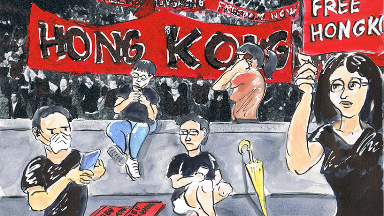 Il·lustracions de Philippe Charmes sobre la importancia de les tecnologies en les protestes massives de Hong Kong dels últims mesos