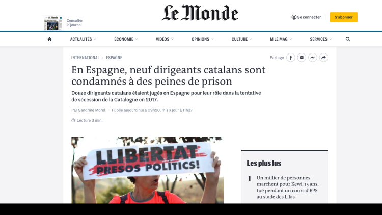 Titular de Le Monde fent-se ressò de la sentència contra els líders independentistes catalans