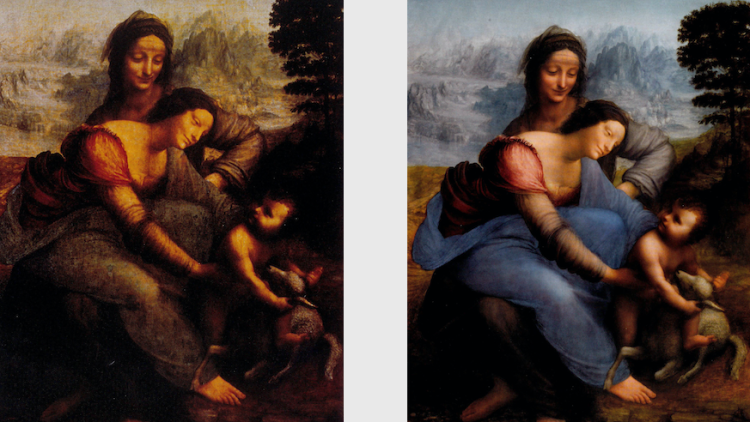 'La Mare de Déu, l'Infant i Santa Anna', abans i després de la restauració. Louvre, París