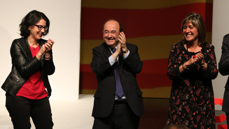 Eva Granados, Miquel Iceta i Núria Marín en un míting el 2017. Agència Catalana de Notícies