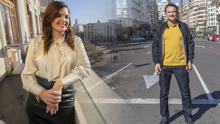 Sandra Gómez i Giuseppe Grezzi, responsables de les àrees d'urbanisme i mobilitat, respectivament, a l'Ajuntament de València.. Miguel Lorenzo (fotomuntatge d\'Antoni Payà)