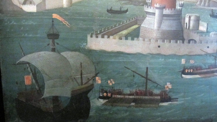 Temps era temps els catalans teníem armades. A la imatge, navilis catalans a Nàpols. Detall de la Tavolla Strozzi, Nàpols, 1472.