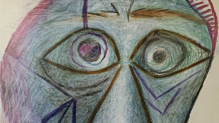 Autoretrat. Mougins, 30 de juny de 1972. Llapis i ceres de colors sobre paper, 65,7 x 50’5 cm