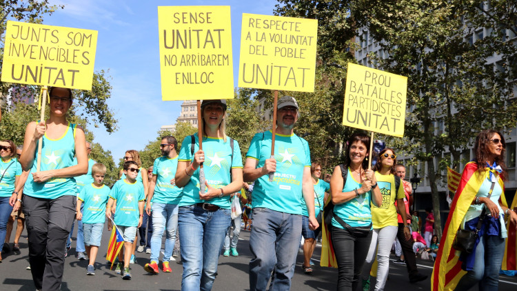 Participants a la manifestació de la Diada amb pancartes demanat unitat als partits polítics, l'11 de setembre del 2019 