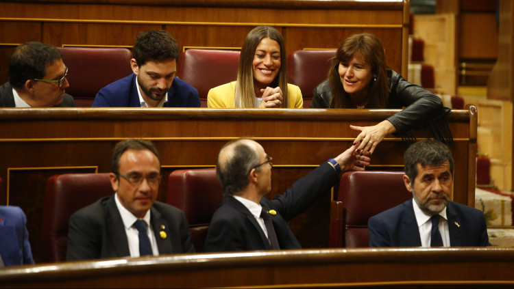 Els exdiputats de JxCat Jordi Sànchez, Jordi Turull i Josep Rull, asseguts als escons del Congrés dels Diputats durant la sessió constitutiva del 21 de maig del 2019. Agència Catalana de Notícies