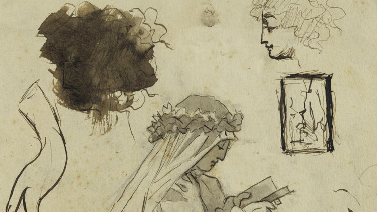 Pablo Picasso: Estudi per a Primera Comunió i altres croquis. Àlbum de Barcelona, 1896 . Museu Picasso, Barcelona. © Successió Pablo Picasso, VEGAP, Madrid 2020.